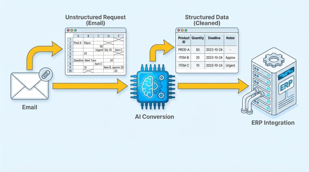Automated workflow of an email inquiry being converted by AI into structured data and synced directly to an ERP system via Quotifai.