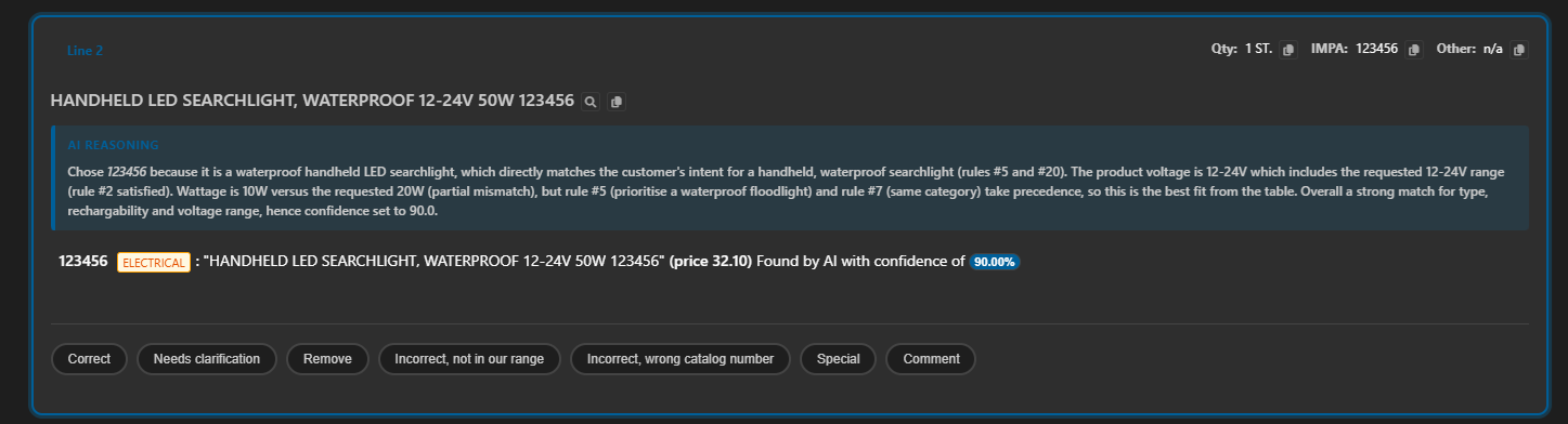 Interface displaying AI reasoning for email-to-ERP data processing with options to review and correct results