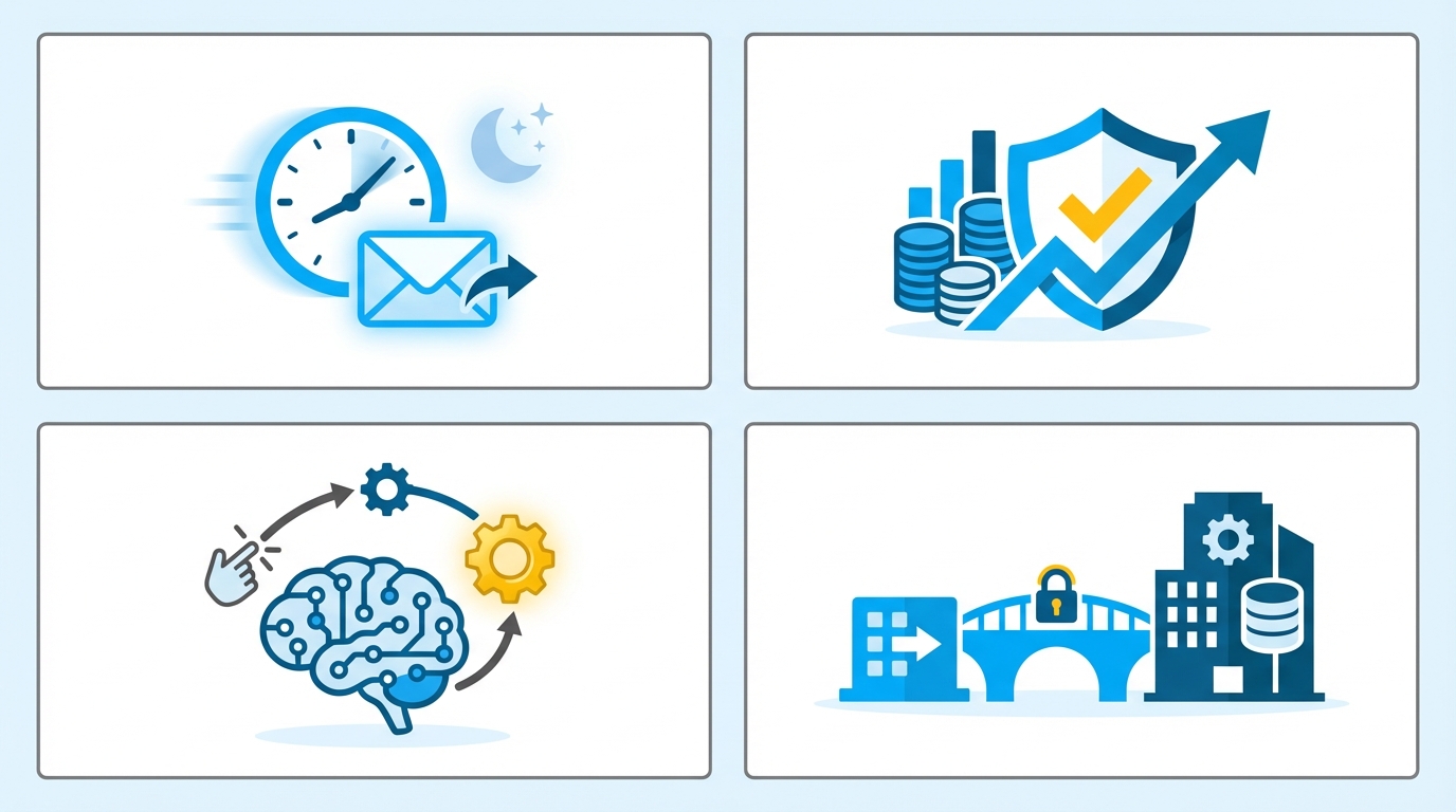 Infographic showing benefits of AI-powered email-to-ERP automation including faster processing, reduced errors, and cost savings