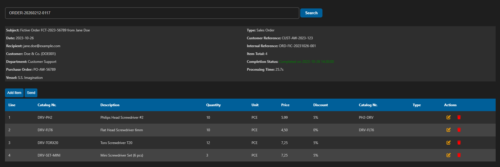 Order management dashboard displaying all processed orders and their details