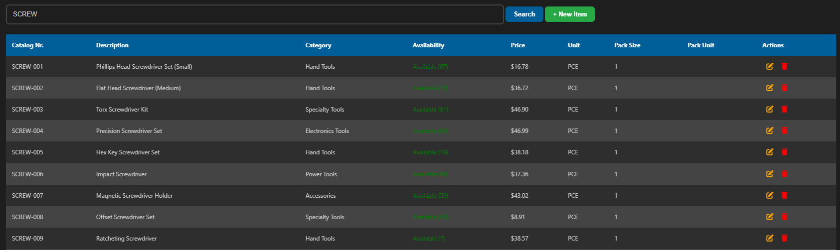 Product pricelist showing item codes, descriptions, and unit prices used for AI order processing