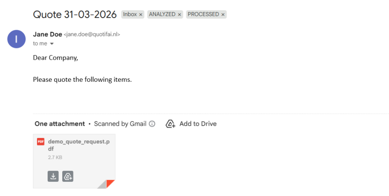 A new sales lead appearing in an inbox via Quotifai.com automated quoting platform.
