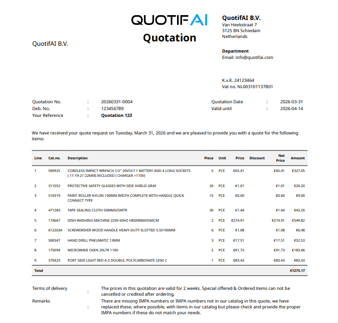 A professionally formatted, structured quote generated by Quotifai AI and sent automatically to a customer.
