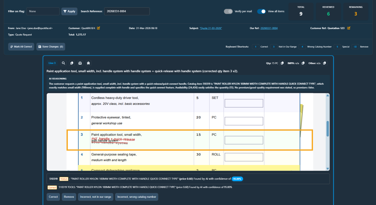 Screenshot of AI quoting software validating line items with transparent reasoning to ensure data accuracy.