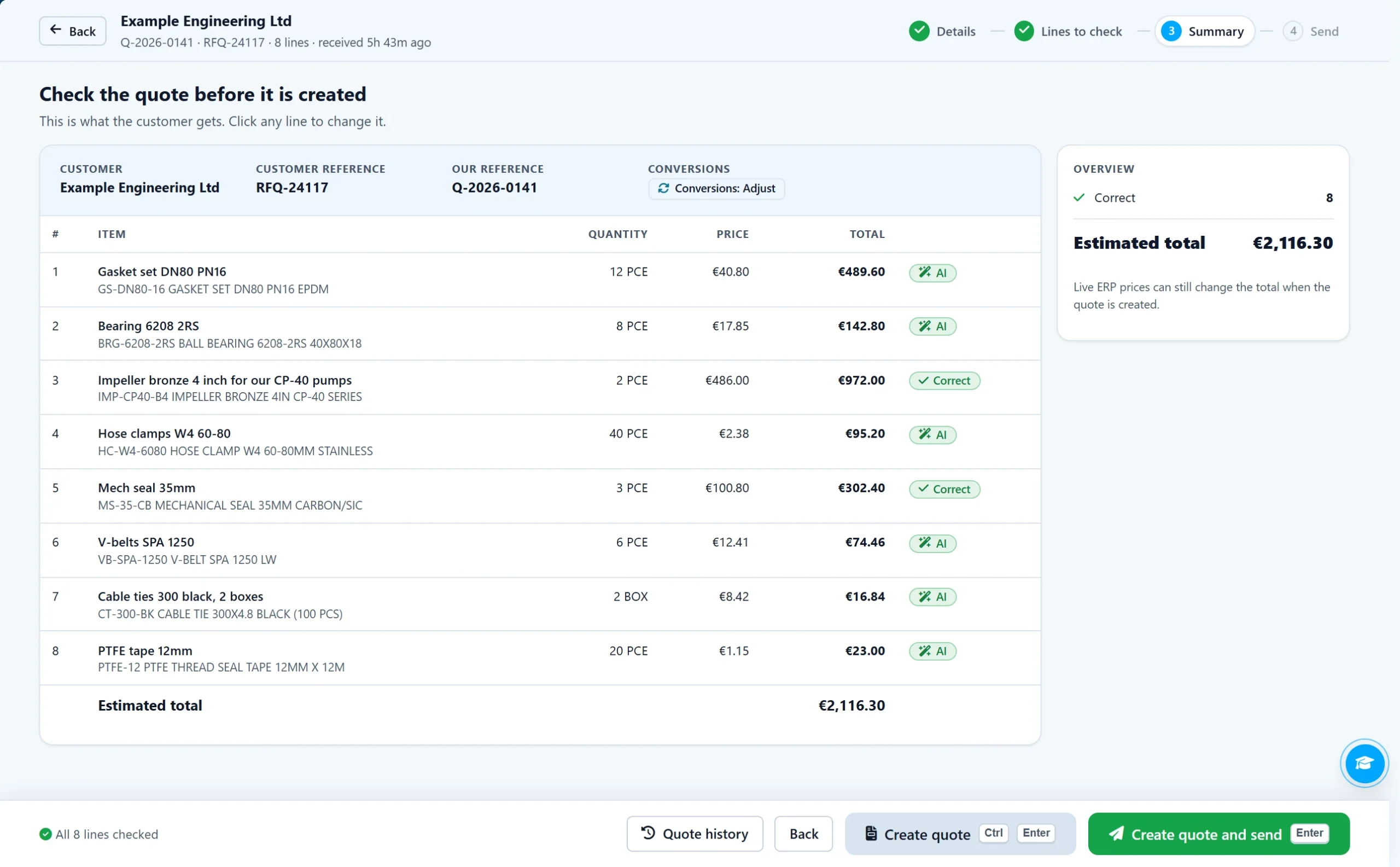 QuotifAI quote summary with every line priced and ready to create and send, sample data