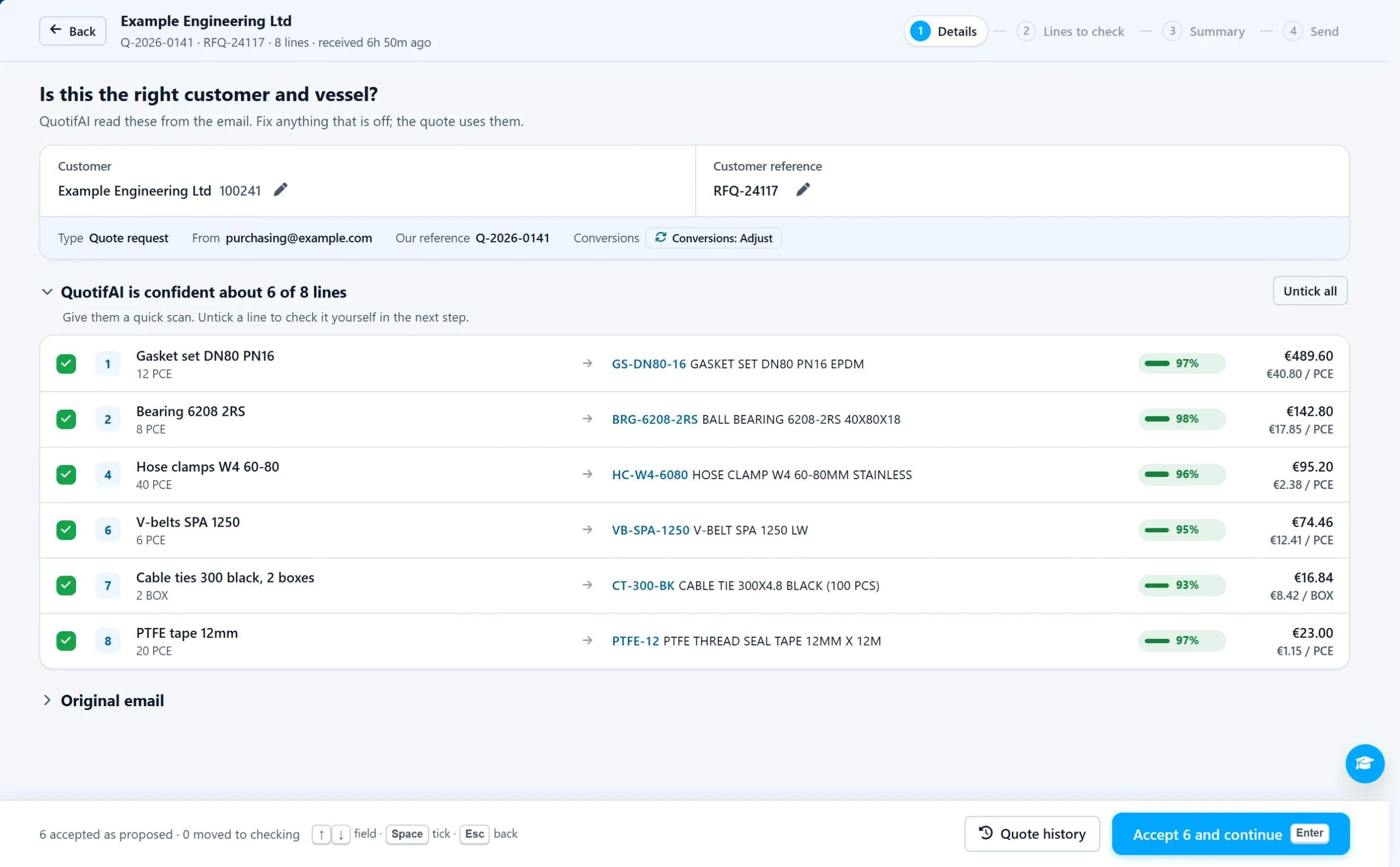 QuotifAI reading a quote request into lines, with the customer recognised and six lines accepted automatically, sample data