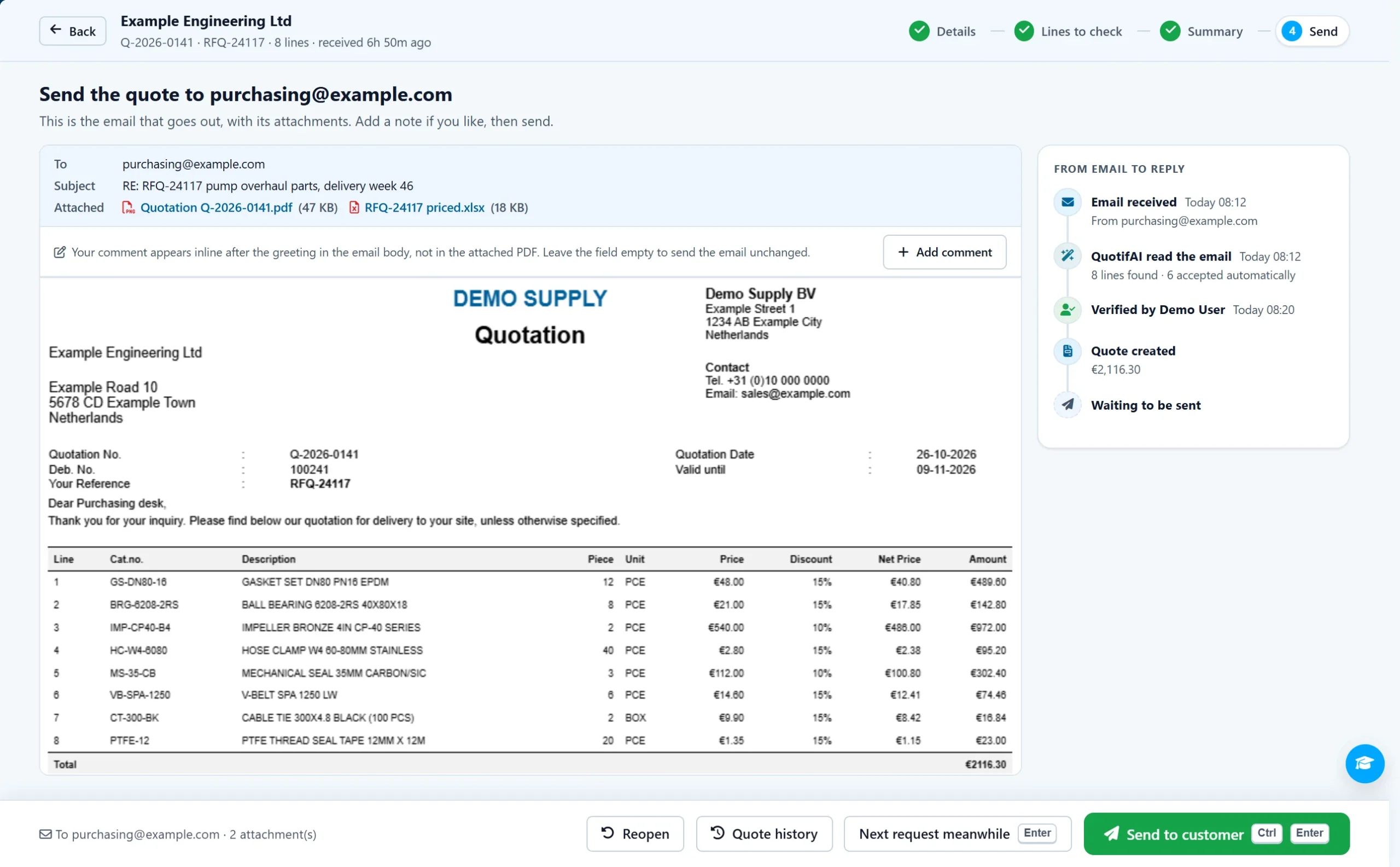 QuotifAI reply email with the priced quotation and attachments, ready to send to the customer, sample data